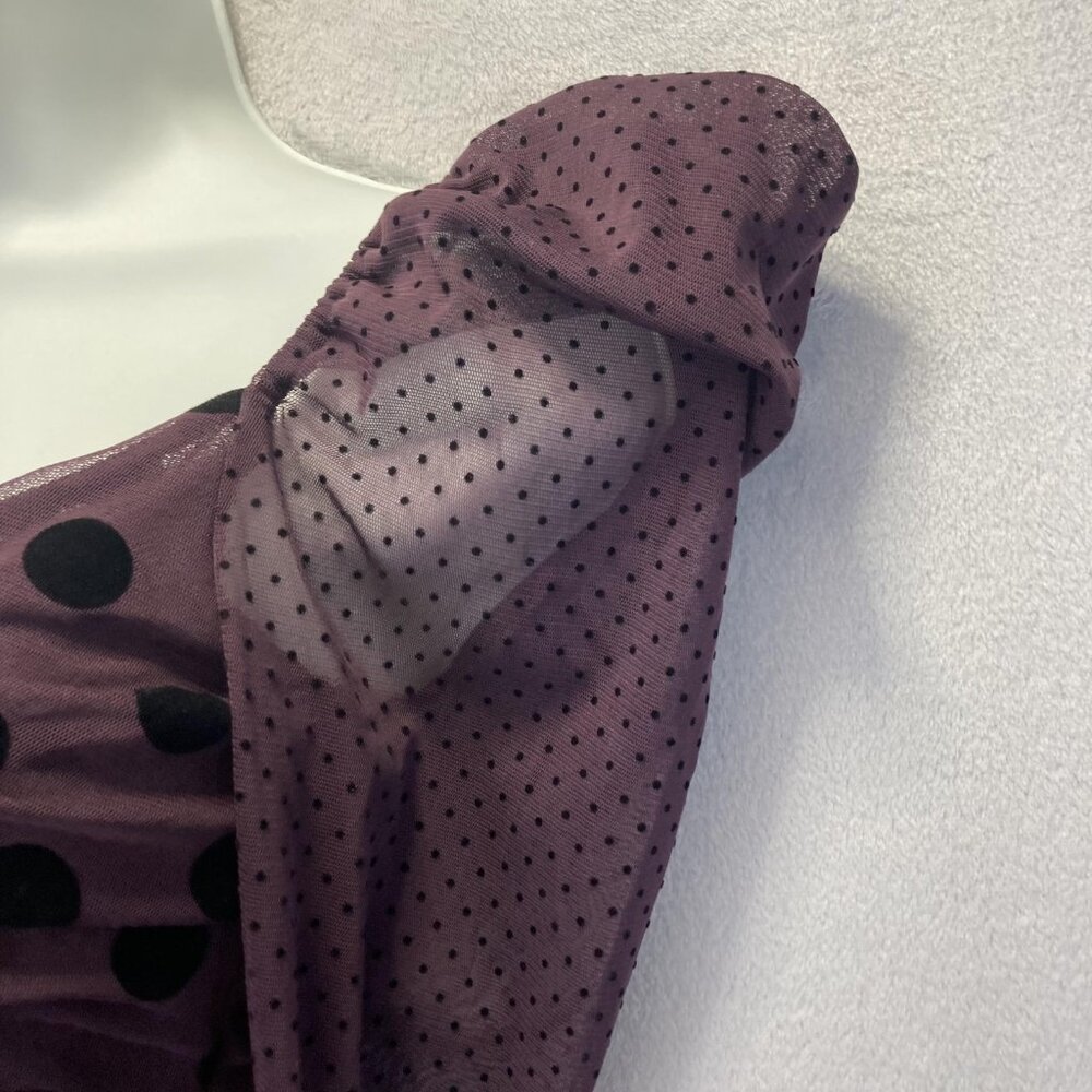 UNITEDWOOD Puff Sleeve Ruched Mesh Dress Womens 4 Purple Black Polka Dot Bodycon - Picture 5 of 14